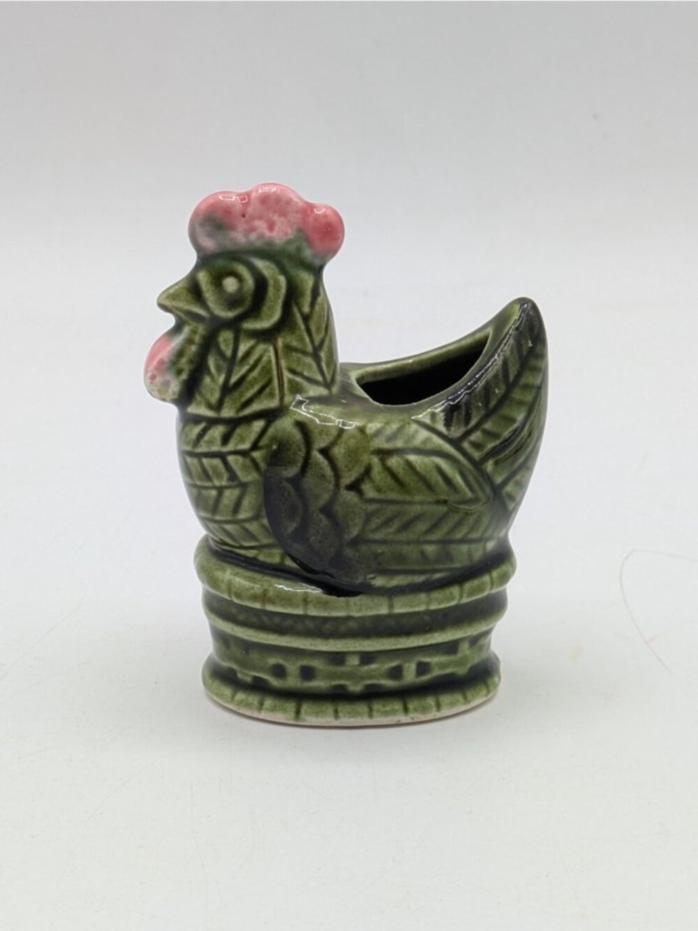 Vintage Ceramic Chicken Toothpick Holder Green Rooster Hen on Nest Japan 3"